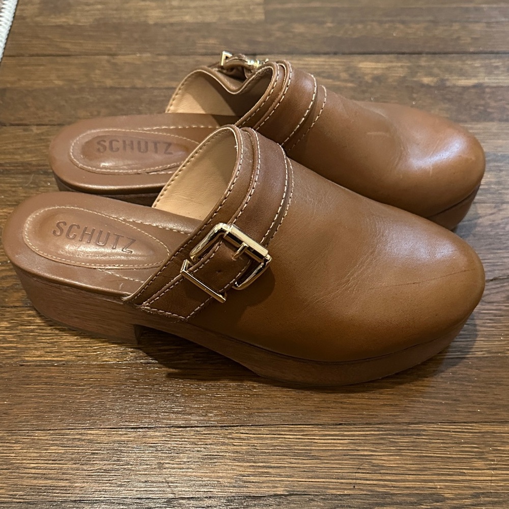 SCHUTZ Tan-Brown Leather Mule Slides with Gold Buckle Size 7 - Picture 5 of 5